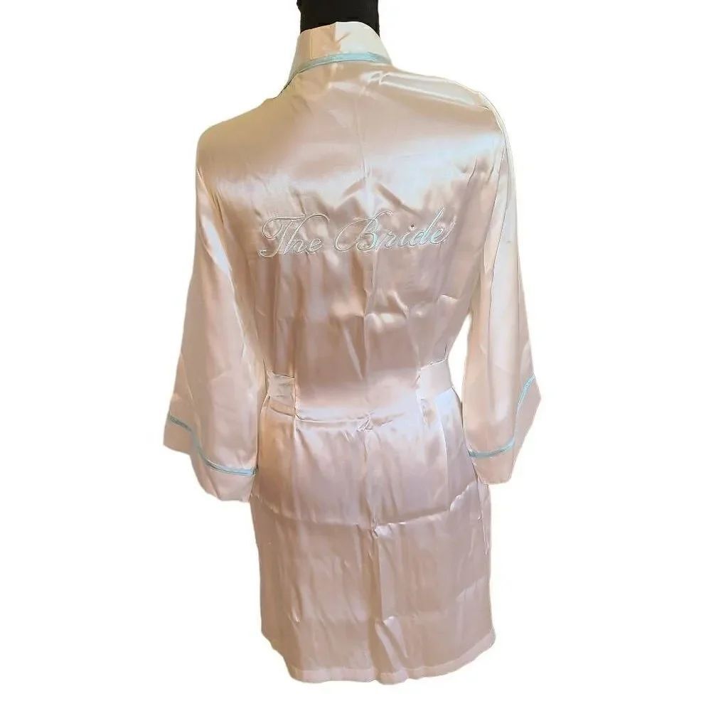Linea Donatella Women's Satin Robe Embroidered "The Bride" Belted White S/M